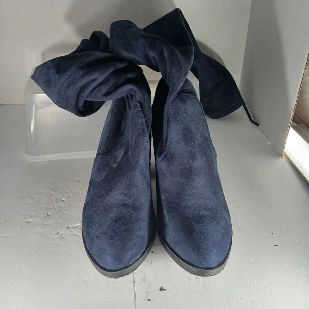 Forever Over The Knee Slouchy Boots 10 Navy Blue Faux Suede Block Heel Tie Back‎